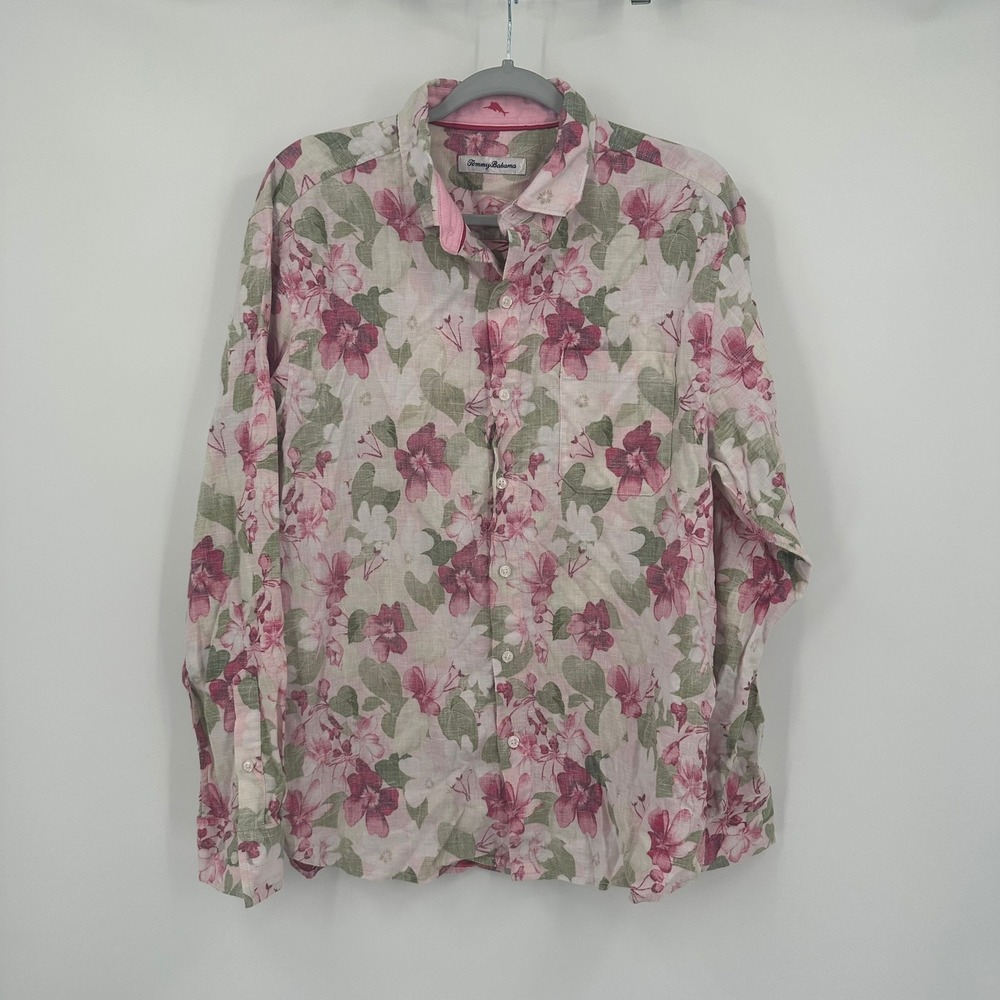 Tommy Bahama Mens Reverse Print Linen Blend Hawaiian Shirt Size M Floral Aloha